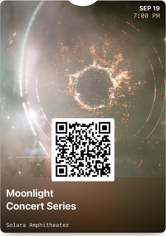 The same poster pass on event night: full-color event art, date and venue rendered by Apple Wallet.