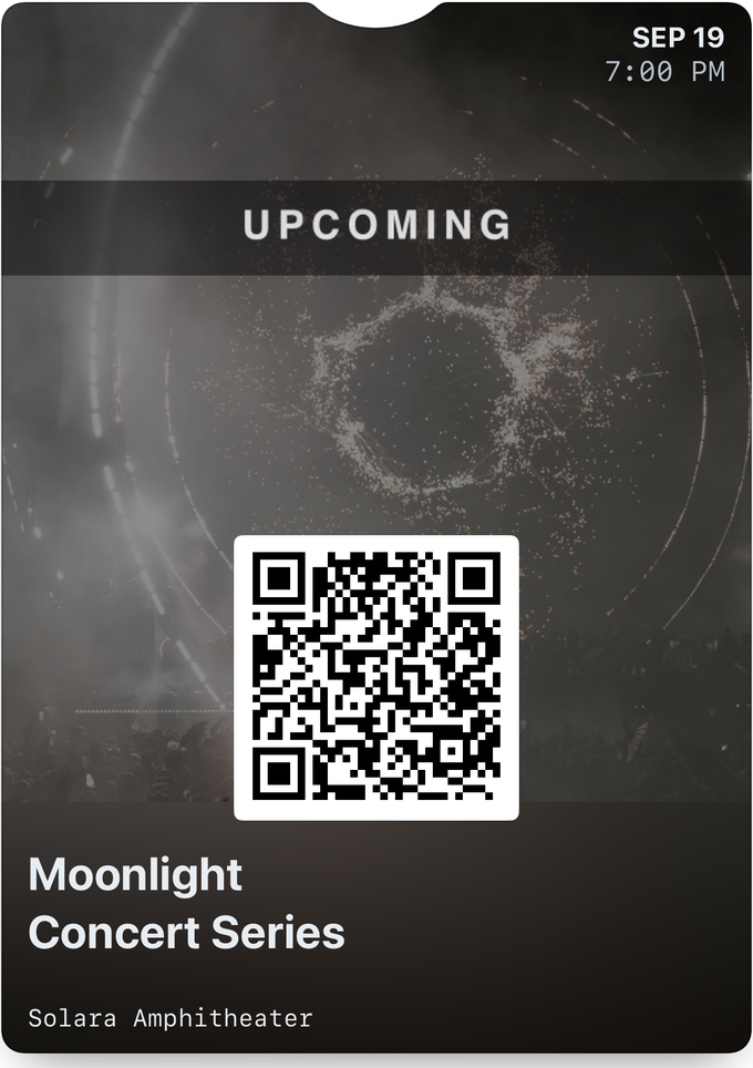 Apple Wallet poster pass for a fictional amphitheater series, week of show: muted colorway with an UPCOMING banner over the event art.